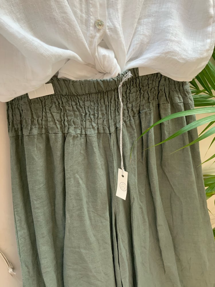 Image of Pantalon en lin palazzo kaki