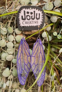 Image 5 of Purple orange cicada fairy wing earrings