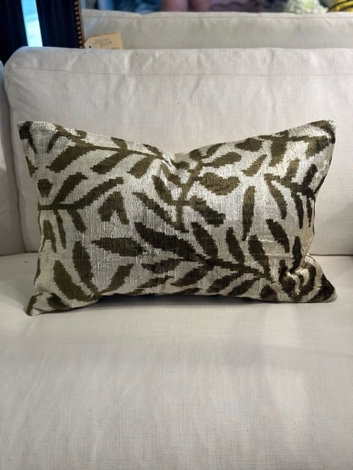 Image of Ikat Velvet Cushion with Olive-Brown Leaves