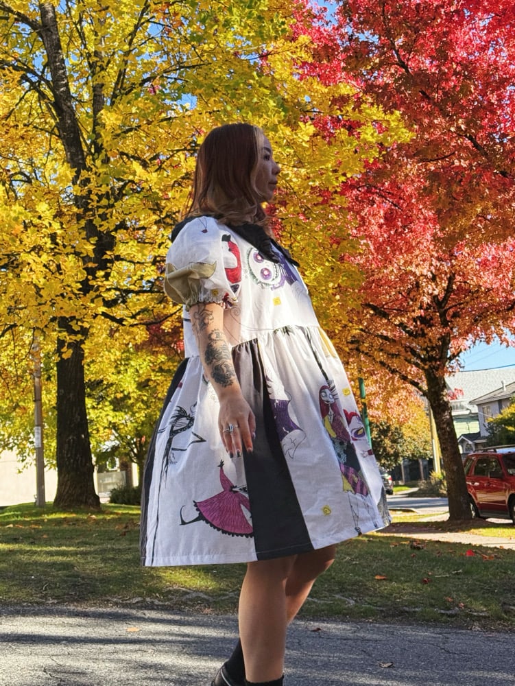 Image of Ruffle Collar Puff Sleeve Dress — Halloween Black Stripe