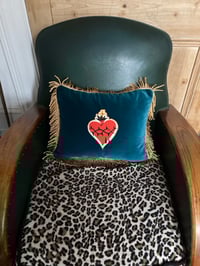 Image 9 of Sacred heart patch teal velvet rectangle cushion 