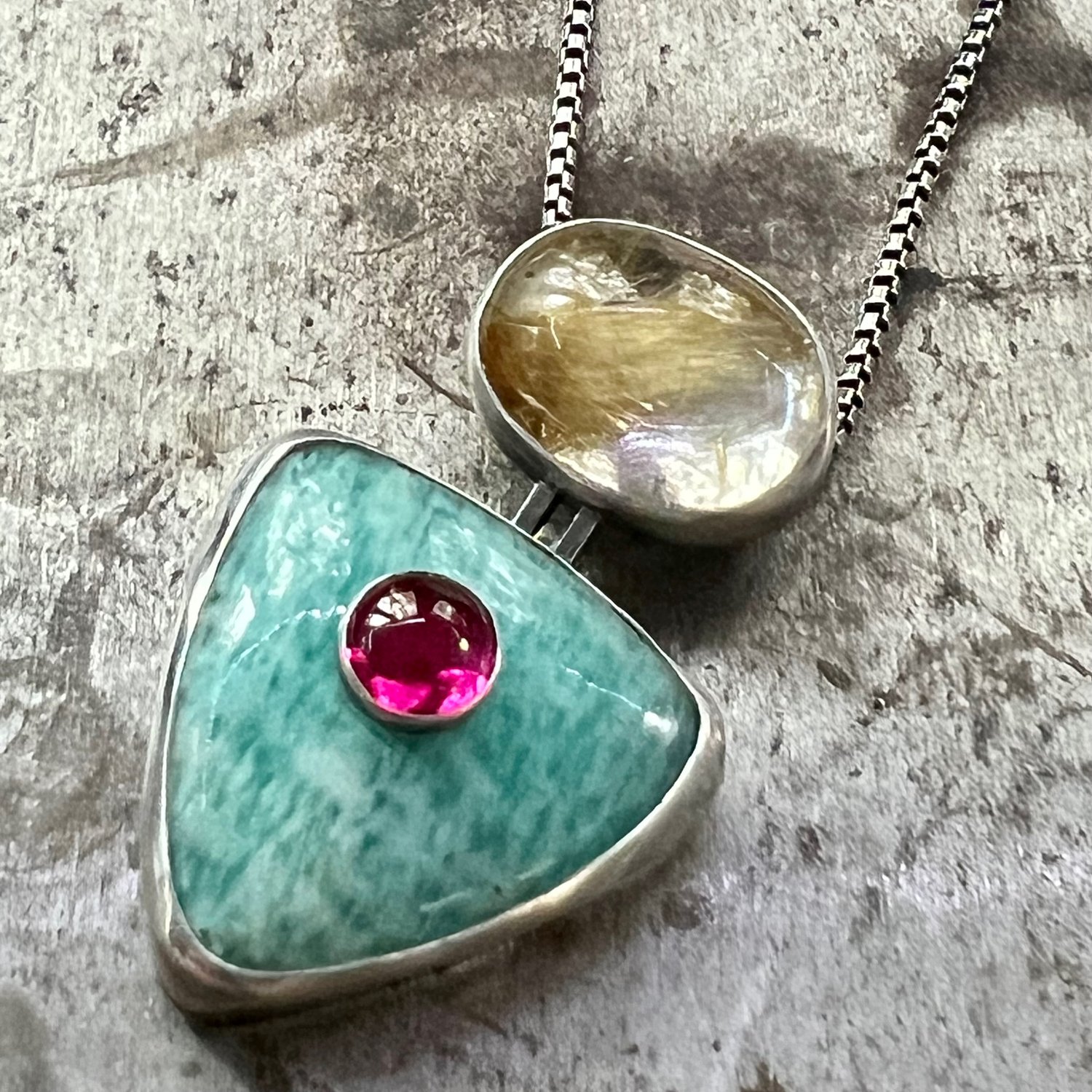 Image of Golden Rutilated Quartz, Ruby, & Amazonite Hinged Pendant