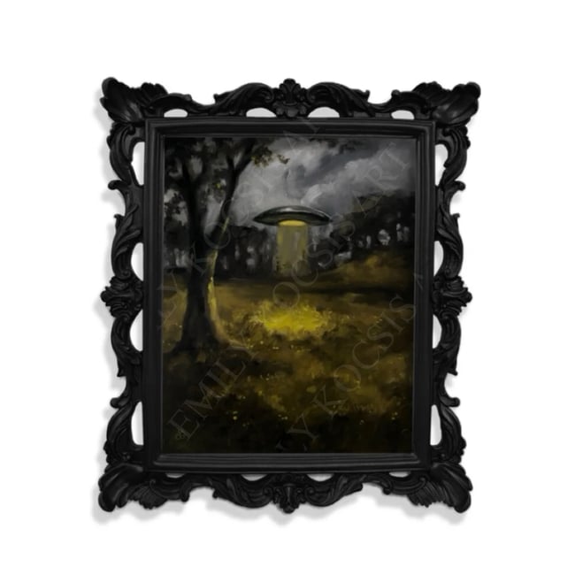 Original Painting Print // ‘Silent Arrival’ Moody UFO in Oil 