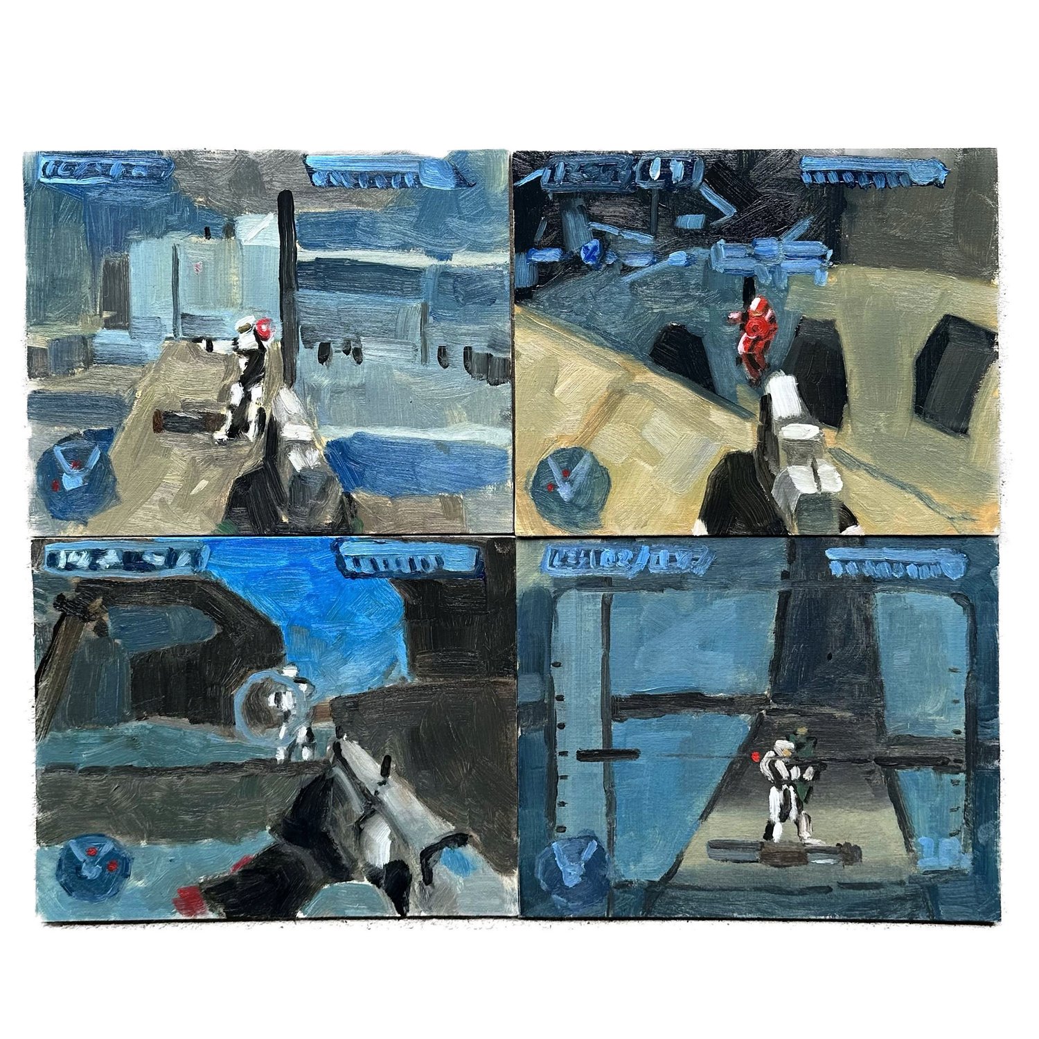 "Four player split-screen (rocket spawn)" Oil on canvas panels.