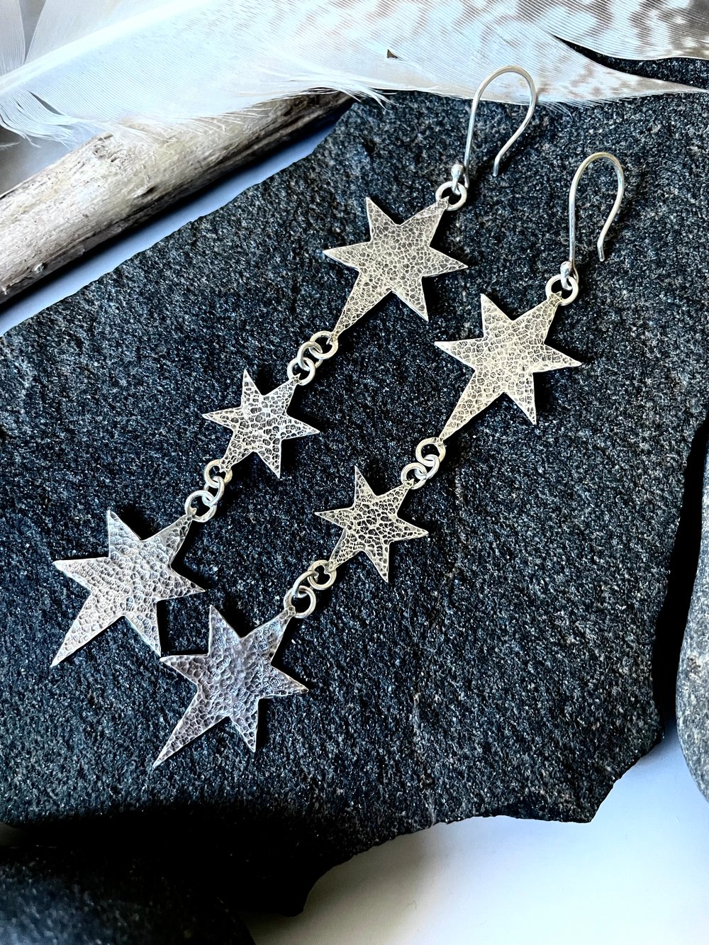Handmade Silver Cosmic Triple Star Dangly Earrings. Celestial Silver Starry Earrings