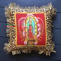 Image 1 of Leopard print fabric and red virgin of Guadalupe cushion cover with gold fringe or black fringe