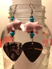 Image 1 of Upcycled PINK FLOYD guitar pick and piggy DANGLE EARRINGS