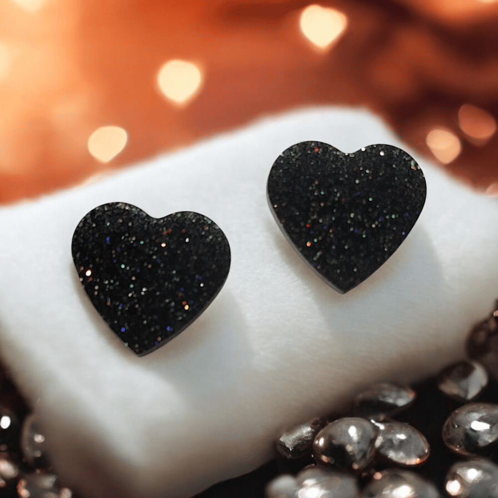 Image of Black Glitter Hearts Stud Earrings