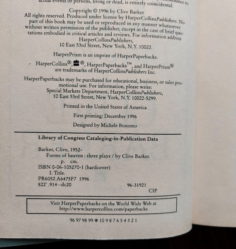Forms of Heaven: Three Plays by Clive Barker - First Edition