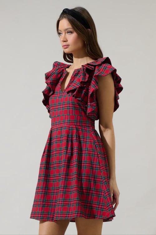 Image of Ruffle Plaid Short Dress 