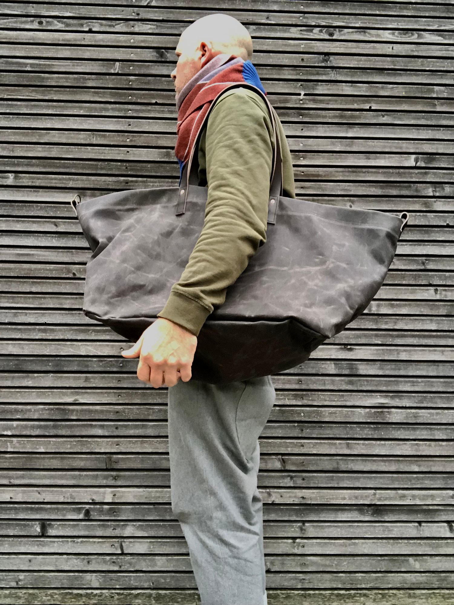Image of Large waxed canvas tote bag with leather handles  / carry all bag COLLECTION UNIS