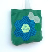 Image 5 of ‘Be Bright’ Hand Embroidered Green Canvas Tote