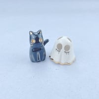 Image 3 of Glow In Dark Black Cat With Ghost Mask Ceramic Figurine