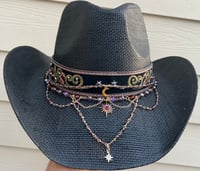 Image 1 of Black Cowboy Hat Leather and Crystal Moon and Stars Band