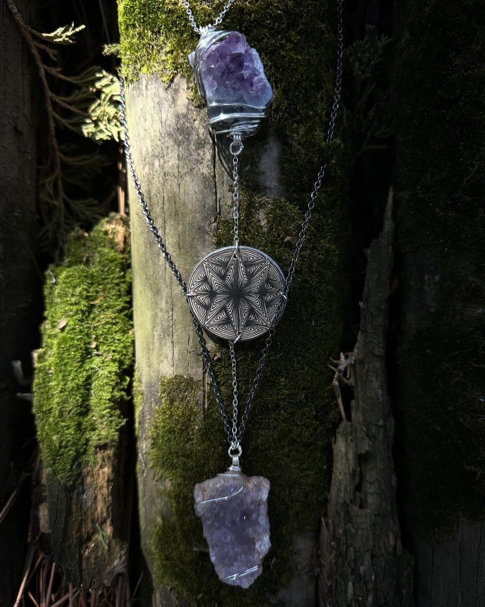 Image of Amethyst necklace and matching earrings set.