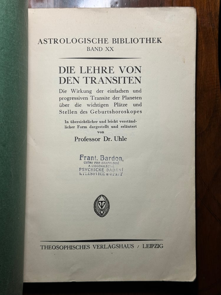 Image of Original Book from Library of Franz Bardon - Uhle: Die lehre von den Transiten (1926)