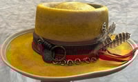Image 2 of Mustard Pork Pie Style Hat, Layered  Band Feathers