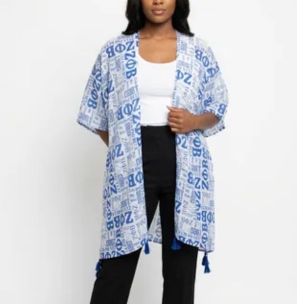 Image of Blue and White Graphic Print Viscose Kimono