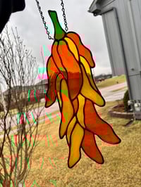 Image 1 of Yellow and Orange Stained-Glass Chili Peppers - Handmade Kitchen Window Art Decor