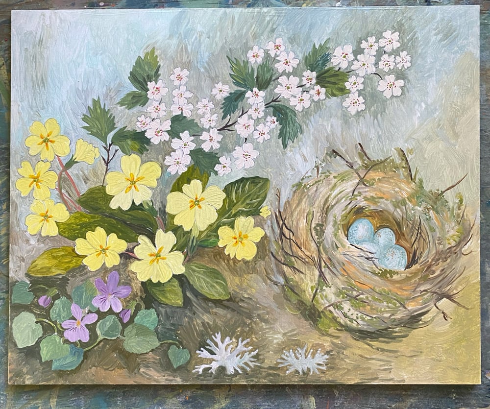 Image of Nest and Spring Flowers