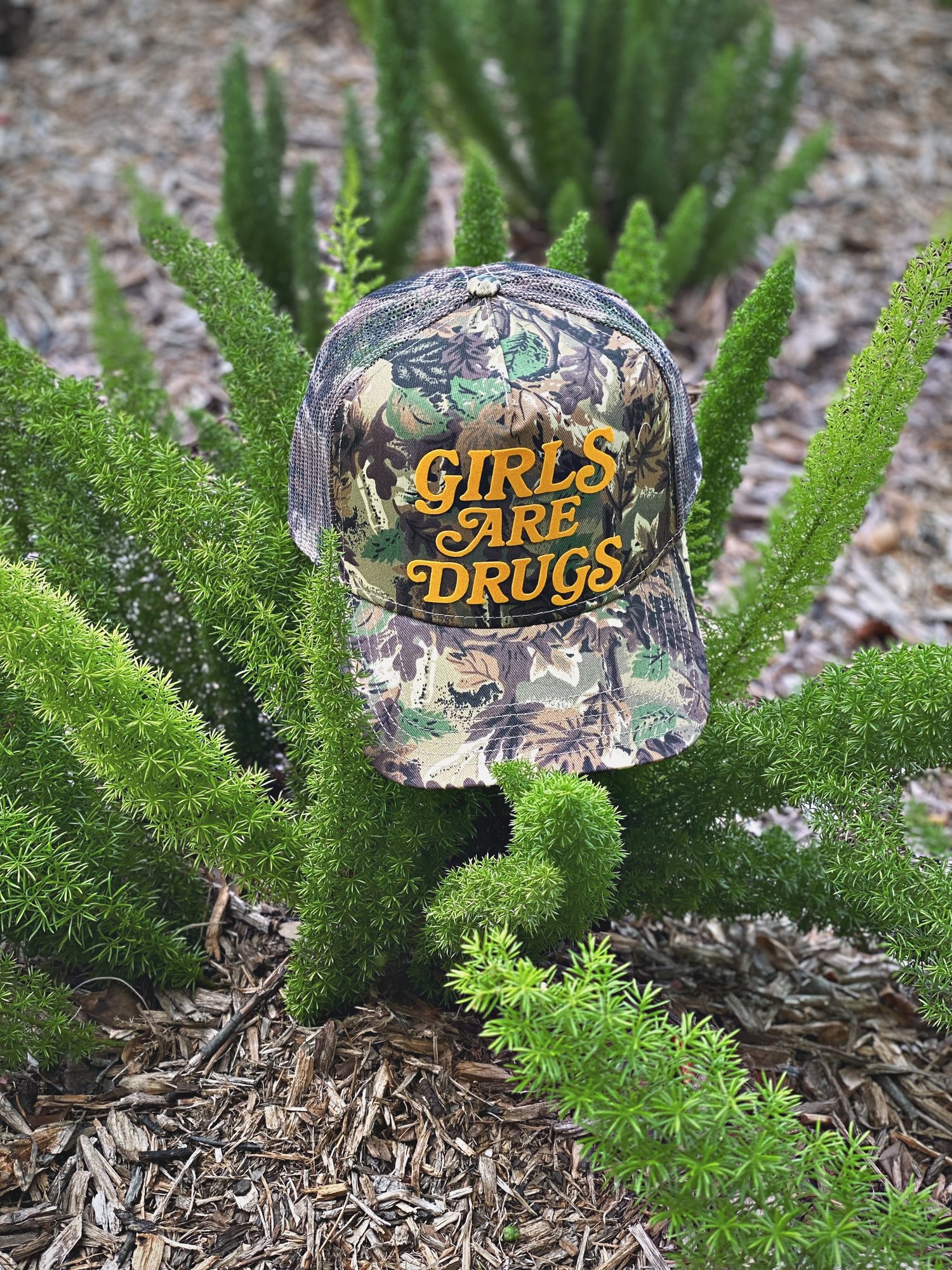 Image of GIRLS ARE DRUGS® TRUCKERS - HUNTING CAMO / YELLOW
