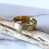 Image 1 of Celestial 18ct Gold Wedding Ring Sun Stamp Detail. Sunshine Gold Wedding Band Stamped