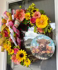 Image 2 of Highland cow Spring Floral Grapevine Wreath