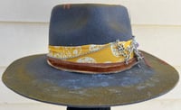 Image 1 of Handmade Torch Burned Yellow Fedora Hat, Yellow, Silver and Peacock Feather Band 