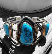 Image 3 of Ride the Sky Sterling Silver and High Grade 70’s Kingman Turquoise Snake Cuff/Ring Set 