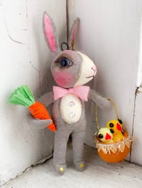 Image 1 of Grey Dutch Rabbit with Carrot and Basket of Chicks