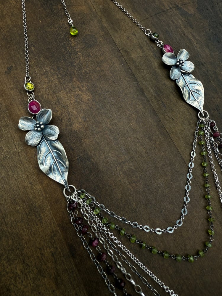 Image of Multi-Strand Dogwood Flower Long Draping Statement Necklace