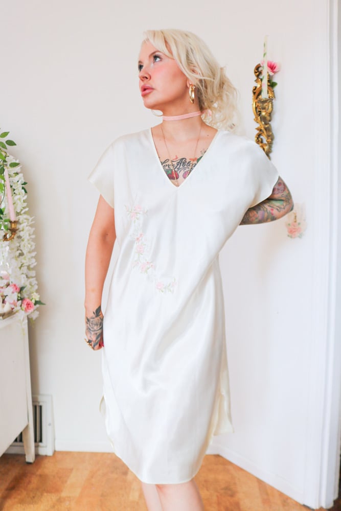 Image of Y2K Secret Treasures Fairy Silky Gown with Pastel Floral Embroidery  (Large)