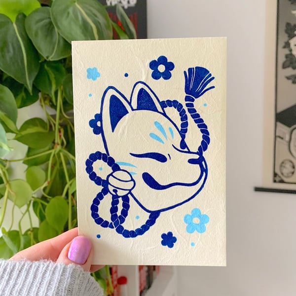 Image of Kitsune and Flowers PRINT [Blue Variant]