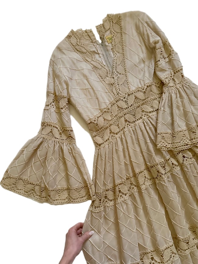 early 1970s Mexican pintucked fan sleeve cotton wedding maxi dress