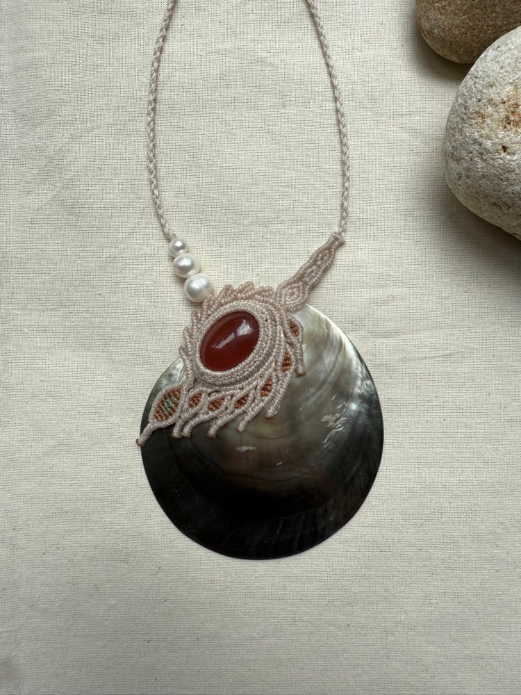 Image of Macrame necklace with carnelian and mother of pearl shell