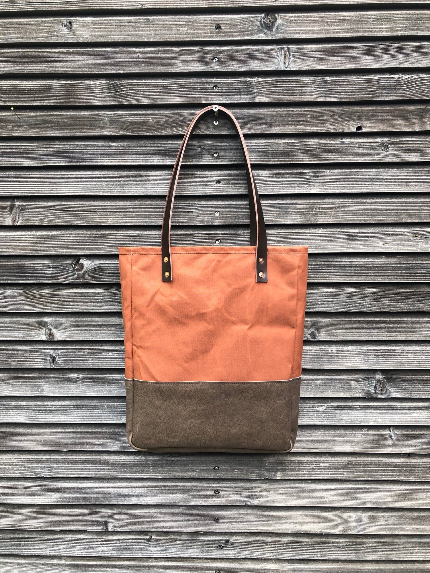Image of Dry waxed canvas tote bag with leather base and inside zipper pocket
