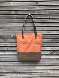 Image 2 of Dry waxed canvas tote bag with leather base and inside zipper pocket