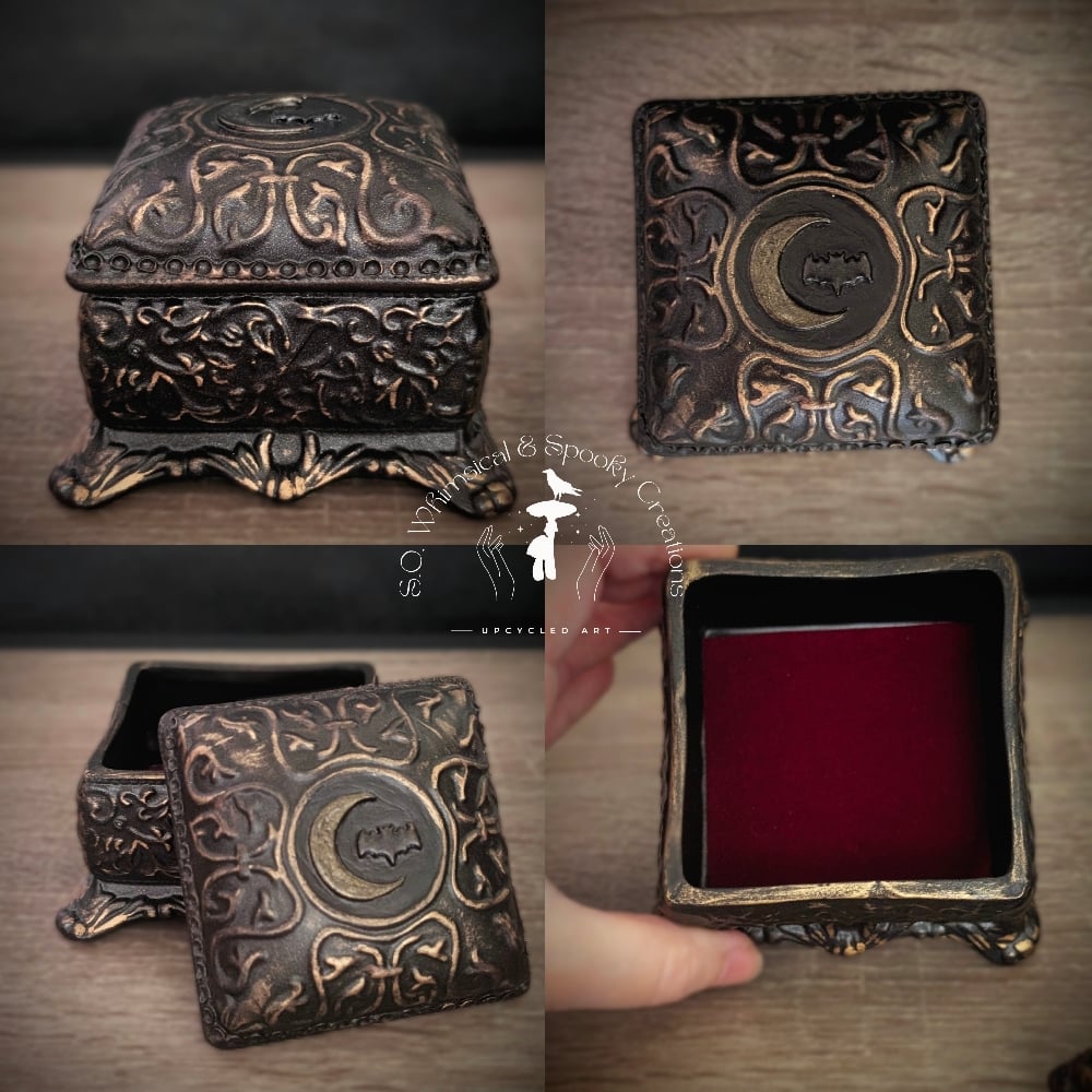 Image of (FREE U.S. SHIPPING) Vintage Porcelain Jewelry Box with Crescent Moon & Bat 