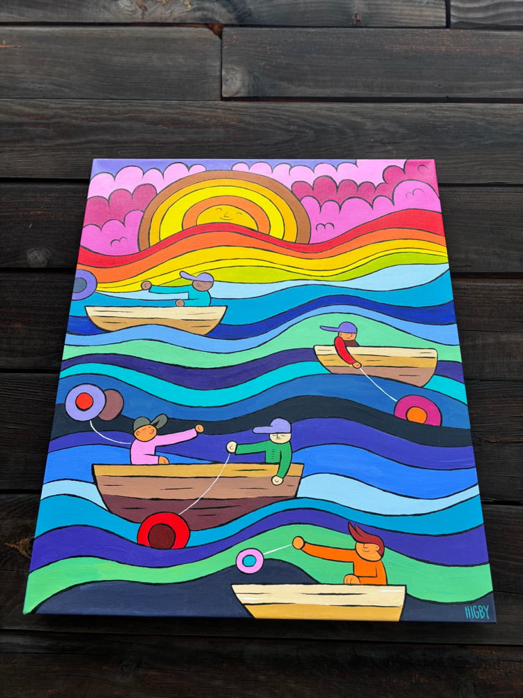 Image of Yo-Yos on Boats on Waves at Sunset Canvas