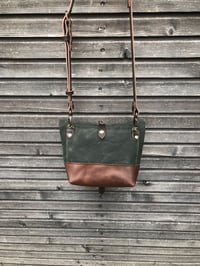 Image 3 of Forest green waxed canvas day bag with leather bottom