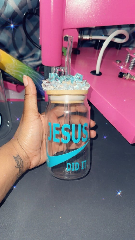 Image of Jesus did it 16 oz glass can cup