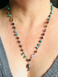 Image 6 of iolite turquoise petal and grey moonstone necklace with pearl opal fringe pendant