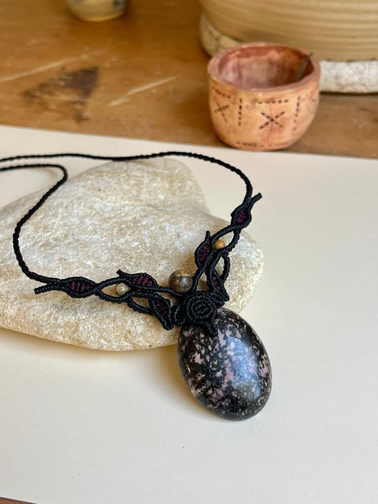 Image of Macrame necklace with rodhonite stone
