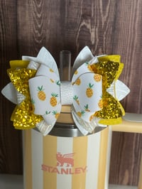 Image 1 of Pineapple Tropical Fruit Tumbler Straw Topper Bow