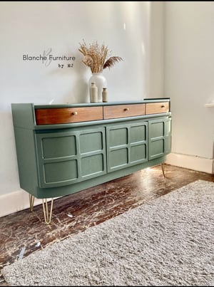 Image of Stunning Curved Sideboard in Bayberry Green on Gold Hairpin Legs