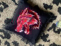 Image 5 of Red wolf black velvet with black tassel fringe cushion cover