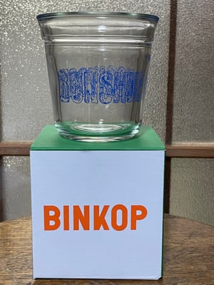 Image of BINKOP glass x BUNSHIN HORITOSHI logo designed by Jeff Rassier