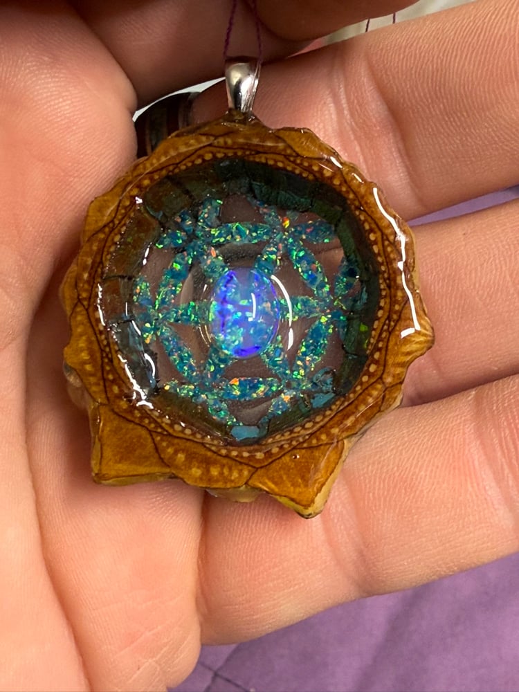 Image of Fire Opal with Crushed Opal Flower of Life Background Charm | PNW Handcrafted Jewelry | #133