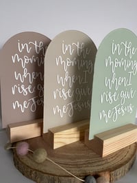 Image 3 of Frosted Acrylic Christian Plaque with Wooden Base – "In the Morning When I Rise Give Me Jesus"