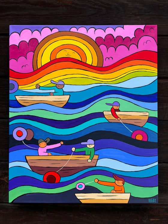 Image of Yo-Yos on Boats on Waves at Sunset Canvas